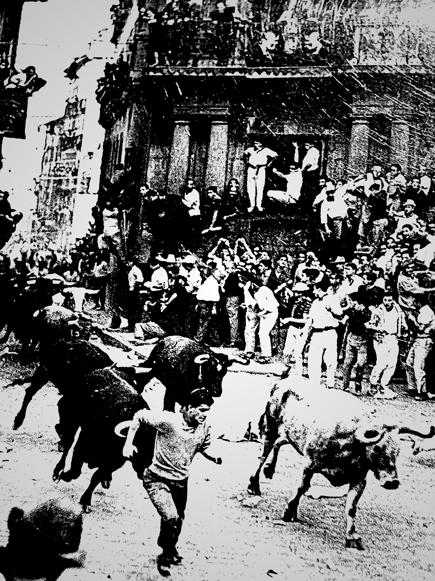 A crowded Pamplona bull run during Jay Eugene's 1970s journey